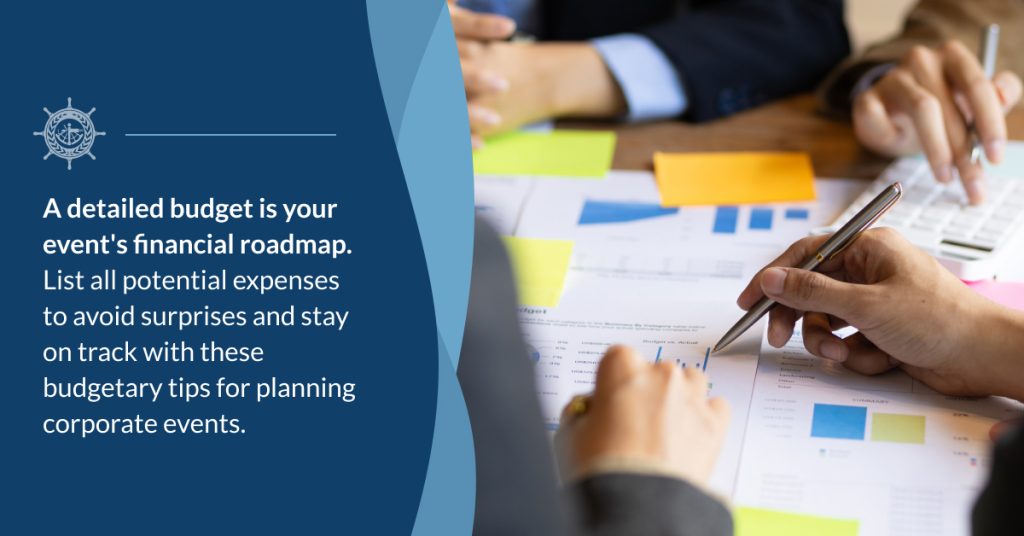 a group of people pointing at graphs next to the words a detailed budget is your event's financial roadmap
