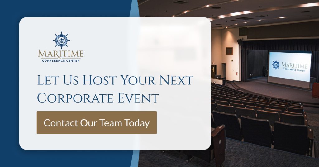 The Maritime Conference Center auditorium next to text that says let us host your next corporate event